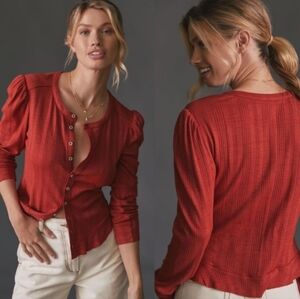Anthropologie Pilcro Red Ribbed Button-Down Cardigan Shirt